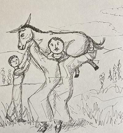 line drawing of a man carrying a donkey on his shoulders